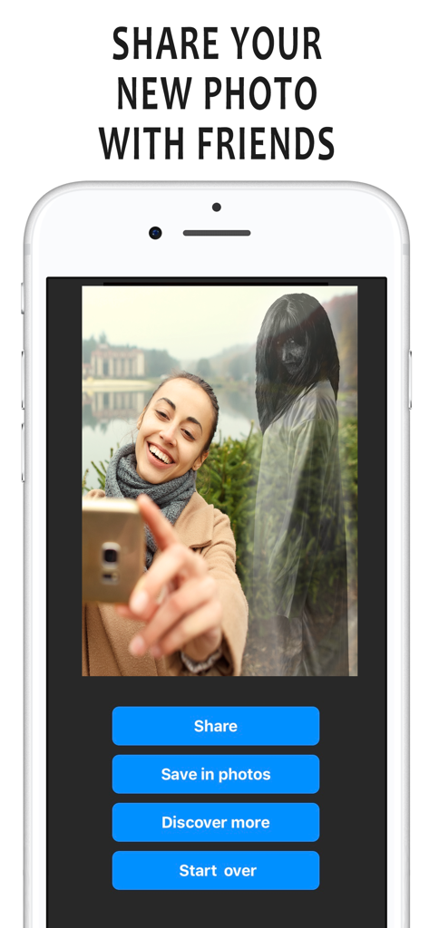 Ghost in Photo - Photo Editor - A smartphone showing a finished ghost prank photo with options to share and save.