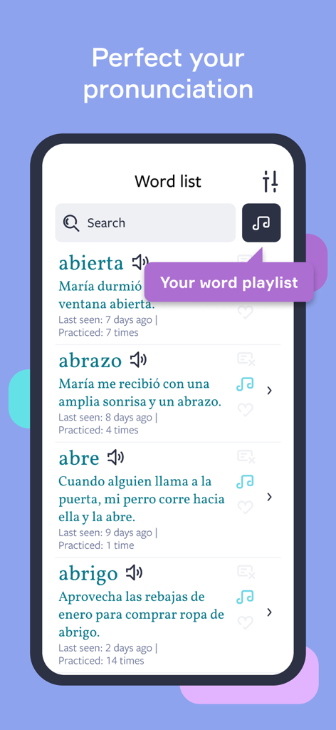 Lingvist: Learn Languages Fast - Lingvist-App-Bildschirm, der eine spanische Wortliste mit Aussprache-Symbolen und einer Wort-Playlist-Funktion anzeigt.