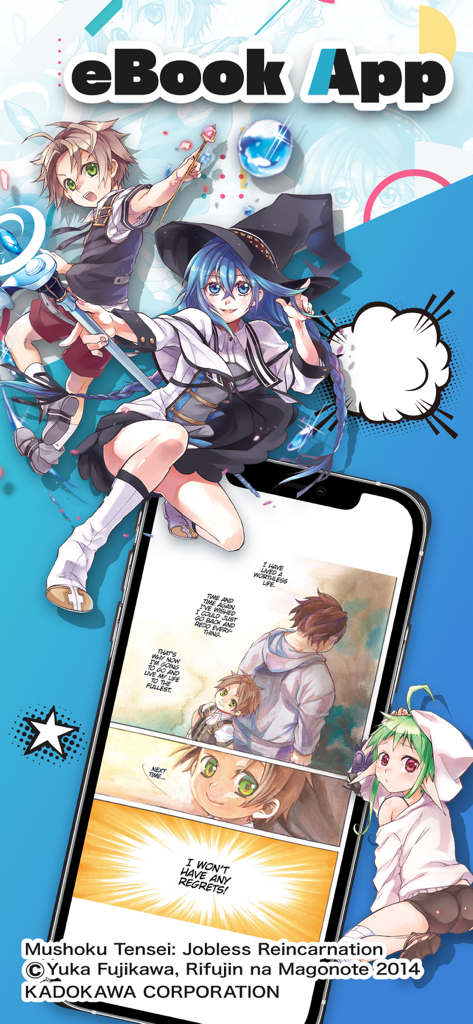 BOOK WALKER – Manga & Novels - BOOK WALKER app displaying Mushoku Tensei manga on a smartphone