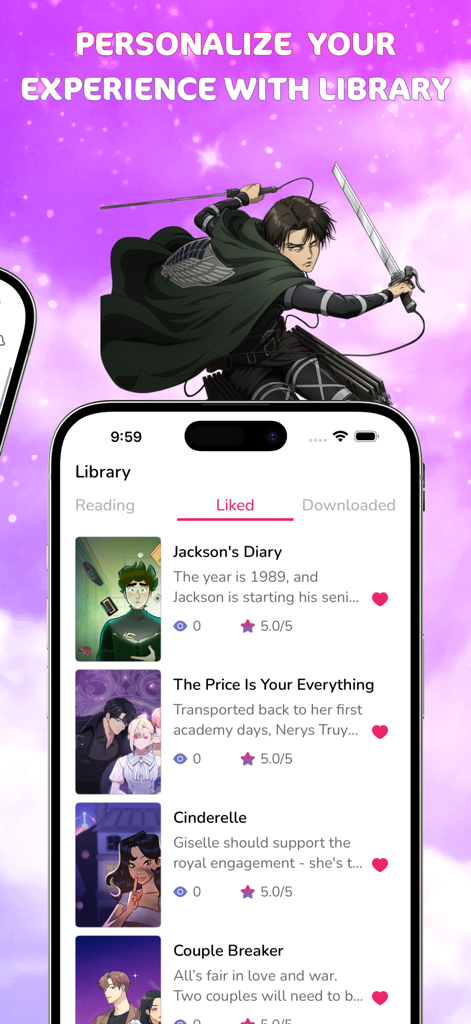 Manga Webtoon: Endless Stories - The library screen of the Manga Webtoon app showing liked stories and character illustrations on a purple background.