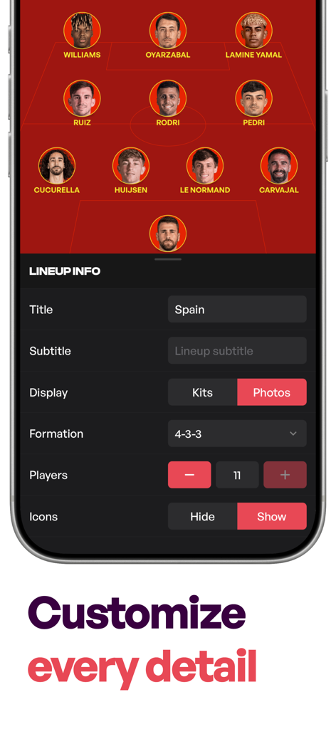 Lineup Builder - MyLineups - Mobile app interface for customizing soccer team formations and player lineups