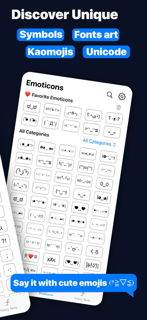 All Symbol Keyboard Fonts Art - A screen displaying various Kaomoji emoticons and unique symbols within the All Symbol Keyboard app interface.