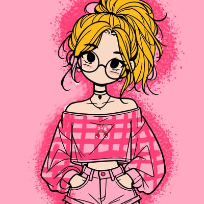 girl with a messy ponytail glasses a baggy crop top and jean shorts