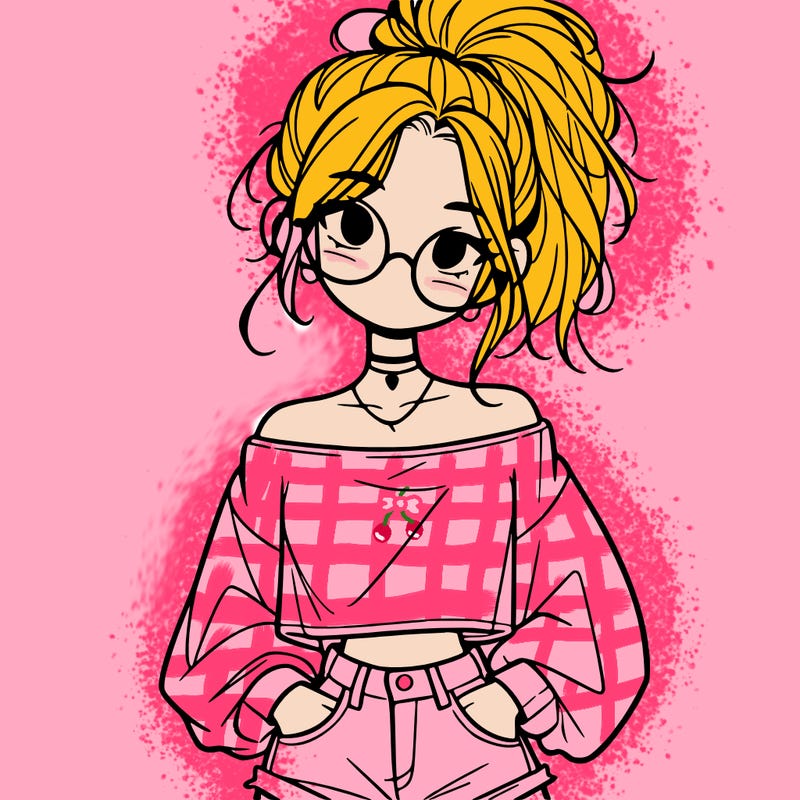 girl with a messy ponytail glasses a baggy crop top and jean shorts