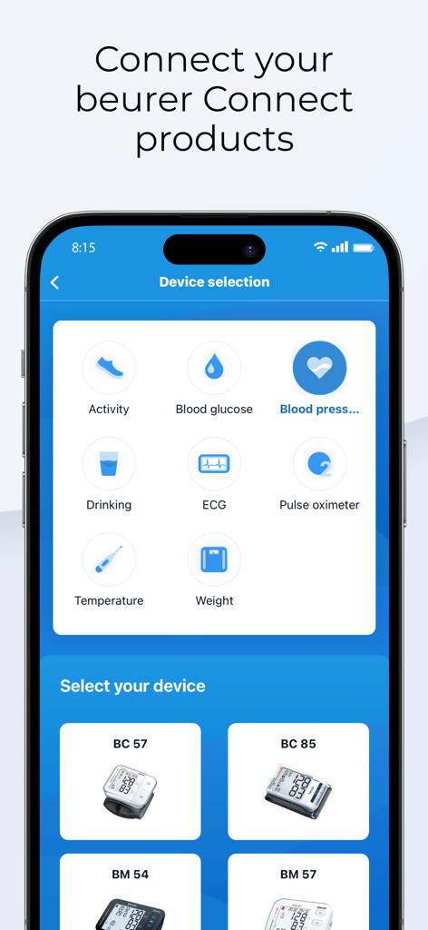 beurer HealthManager Pro - Pantalla de selección de dispositivos en la aplicación Beurer HealthManager Pro que muestra iconos para la monitorización de la presión arterial, ECG y peso
