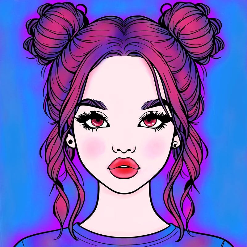 realistic girl with two buns in hair and lips