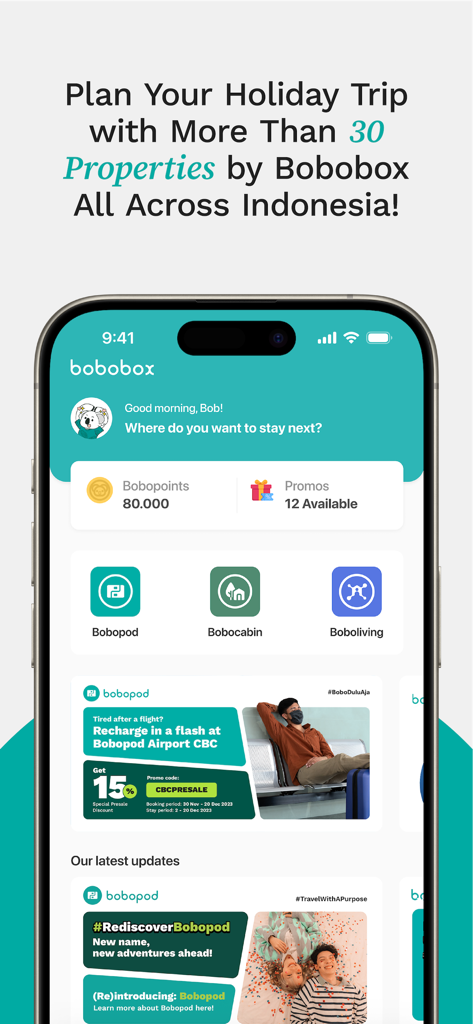 Boboboxモバイルアプリのホーム画面。インドネシアでのBobopod、Bobocabin、Bobolivingの旅行予約サービスが表示されています。