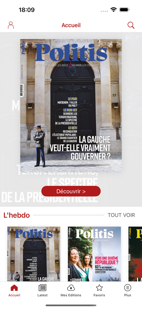 Politis - Home screen of the Politis news app displaying magazine covers and navigation menu