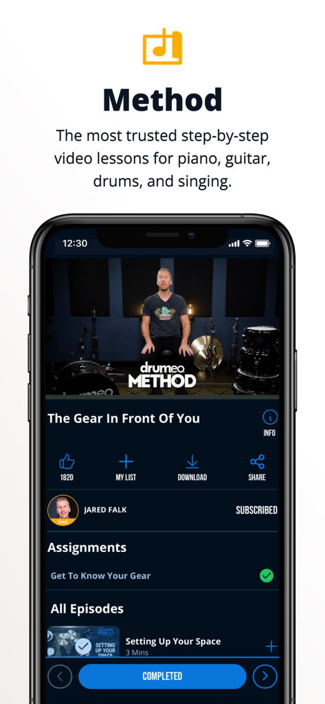 A mobile screen showing a step-by-step video drum lesson in the Musora app