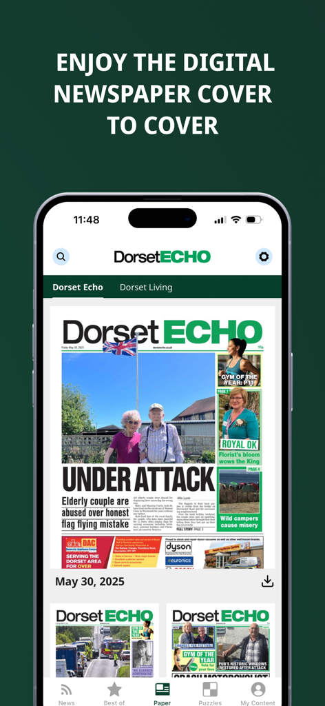 Dorset Echo - A screenshot of the Dorset Echo mobile app showing the digital daily newspaper replica feature.