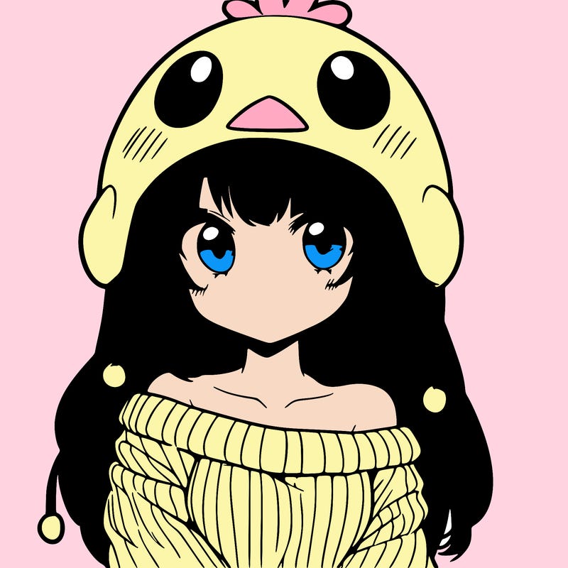 anime girl with chick shaped hat with sweater with bare shoulders with bangs covering them one eye with low tail