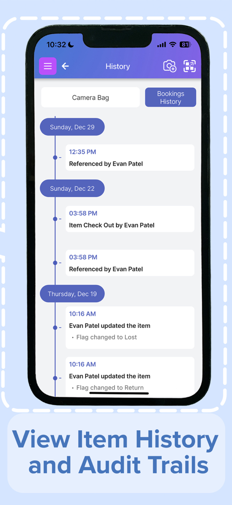 Scanlily: Organize with AI - Scanlily app interface displaying item history and audit trail for inventory tracking