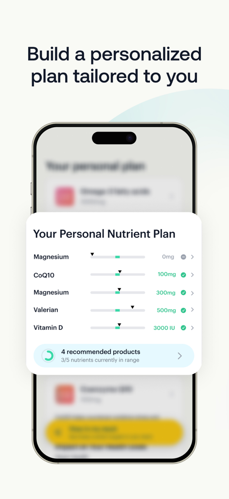 iPhone interface of SuppCo app showing a personalized nutrient plan with dosage tracking for supplements like Magnesium and Vitamin D