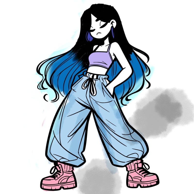girl in baggy pants crop top and long hair