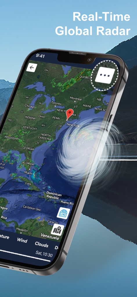A smartphone displaying a real-time global weather radar map with storm tracking and hurricane animation over the East Coast.