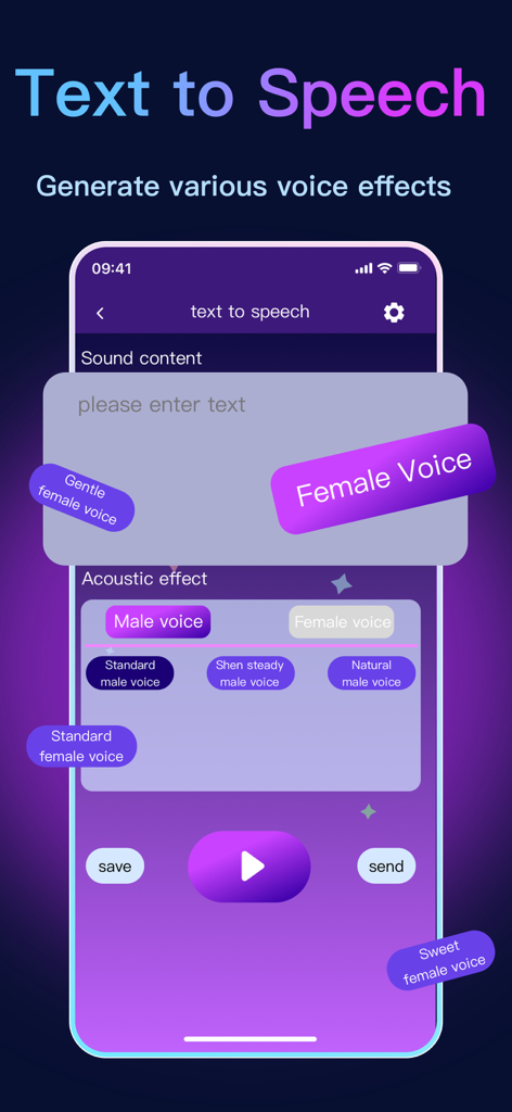 Magic Voice Changer - Effects - A mobile interface for the Magic Voice Changer app showing the text to speech feature with various male and female voice effect options