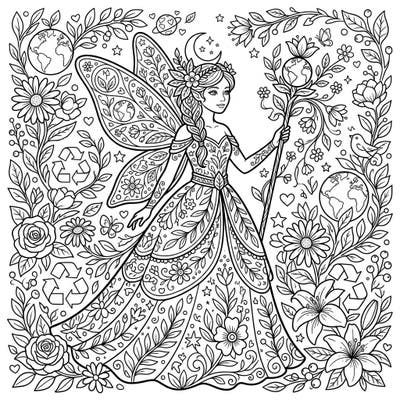 Discover the magic of nature with this exquisite Sugar Plum Fairy coloring page, specially designed for Earth Day. This detailed illustration features the fairy as a protector of the planet, adorned with flowers, leaves, and symbols of environmental care.