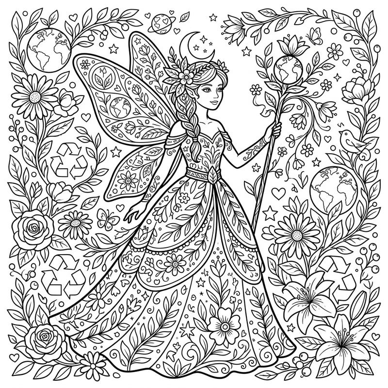Discover the magic of nature with this exquisite Sugar Plum Fairy coloring page, specially designed for Earth Day. This detailed illustration features the fairy as a protector of the planet, adorned with flowers, leaves, and symbols of environmental care.