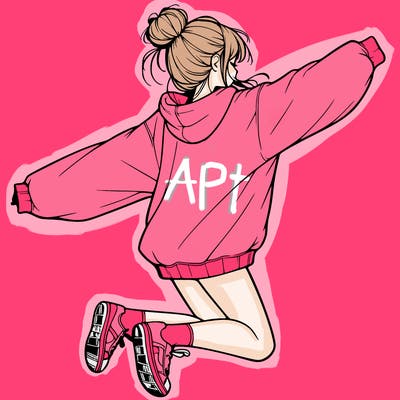 realistic girl jumping with a bun and oversized sweatshirt