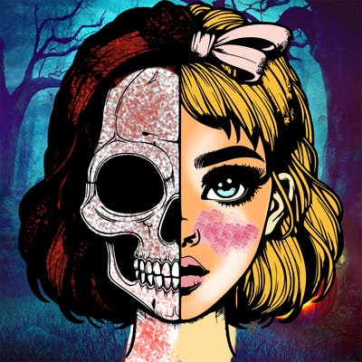 realistic girl with half skull mask