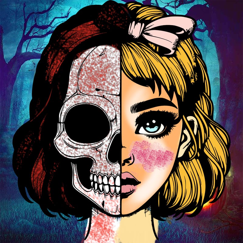 realistic girl with half skull mask
