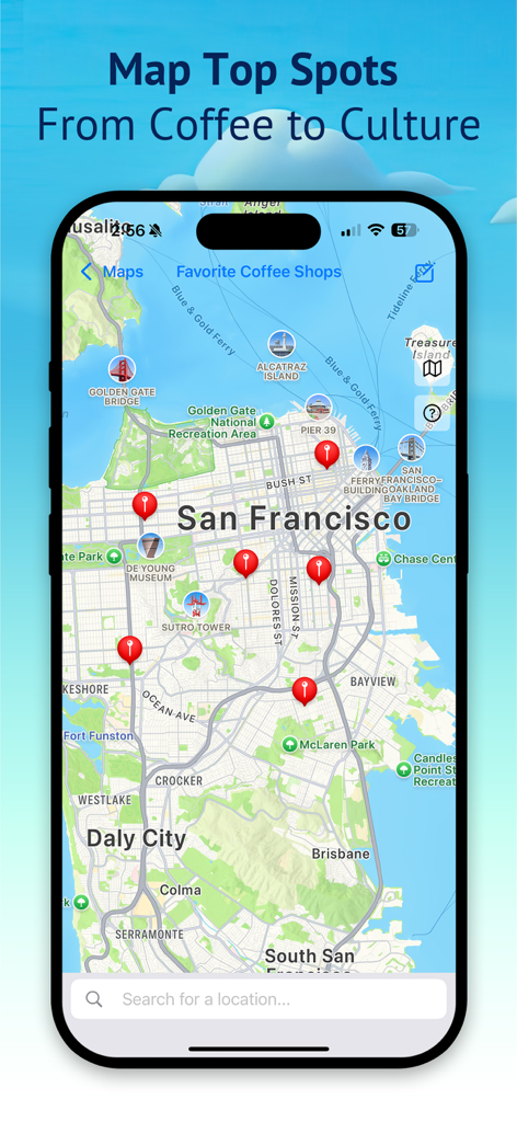 My Travel Map: Trip Tracker - Eine mobile App-Oberfläche, die eine Karte von San Francisco mit roten Pins zeigt, die bevorzugte Cafés markieren