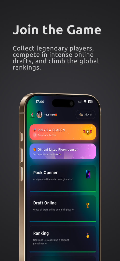 FUT FC 26 main menu screen showing pack opener online drafts and global rankings on a mobile device
