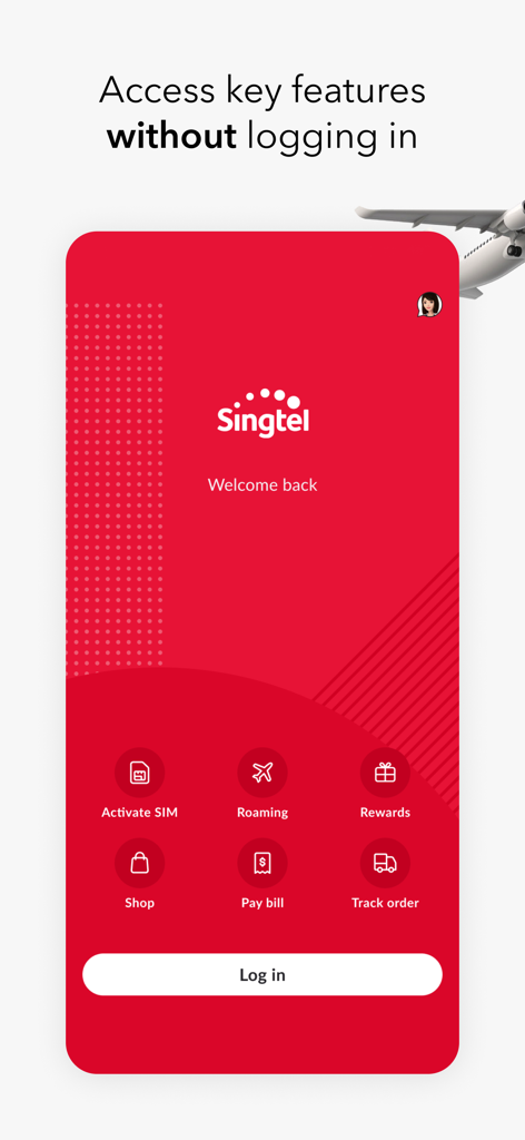 My Singtel app - ローミングや支払いなど、ログインなしでアクセス可能な主要機能を強調した My Singtel アプリのスクリーンショット