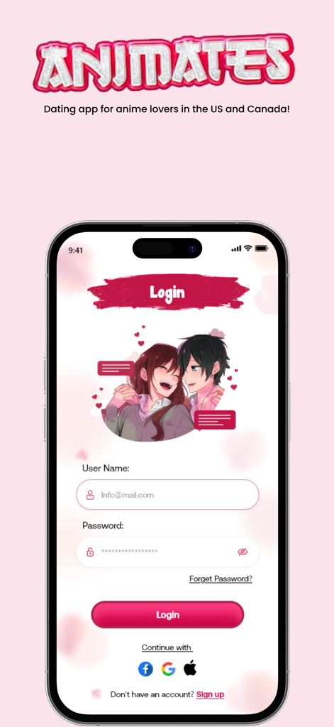 Animates.io - Login screen of the Animates anime dating app featuring fields for username and password with an anime couple illustration