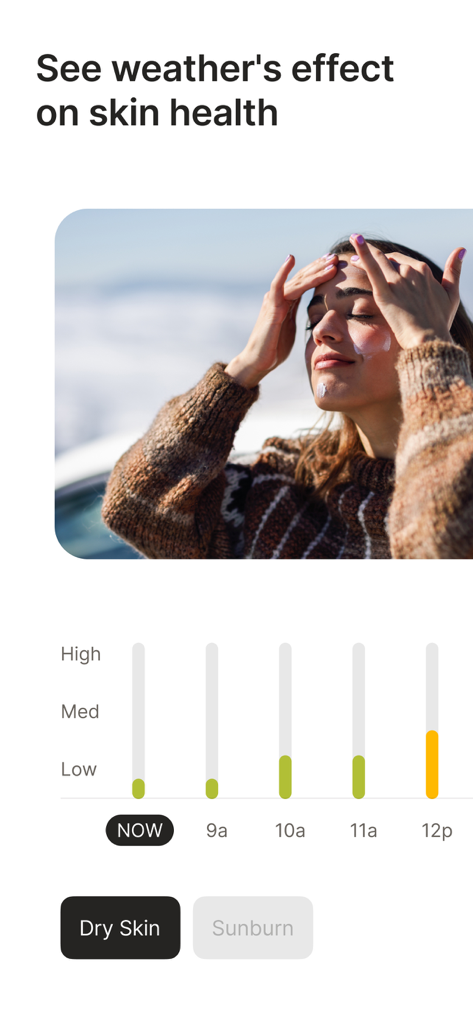 A woman applying sunscreen with a chart showing the weather's impact on skin health including dry skin and sunburn risk levels.