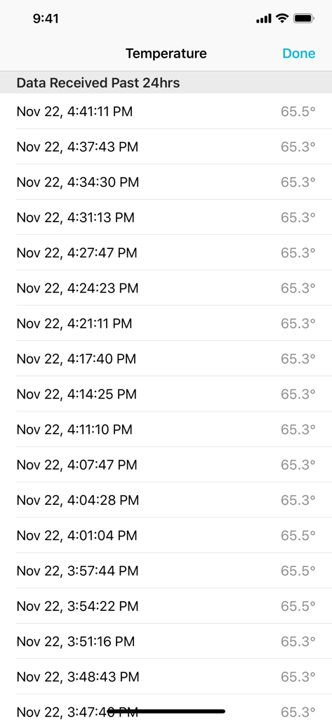 Journal de données de température historiques avec horodatage dans l'application La Crosse View.