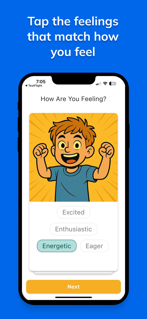 Feelings & Needs: Kids Edition - Feelings and Needs Kids Edition app interface showing a boy illustration and emotion selection buttons like Excited and Energetic.