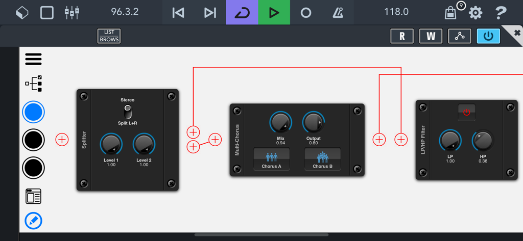 NuRack Auv3 FX Processor - NuRack modular interface showing audio effect blocks and custom signal routing.