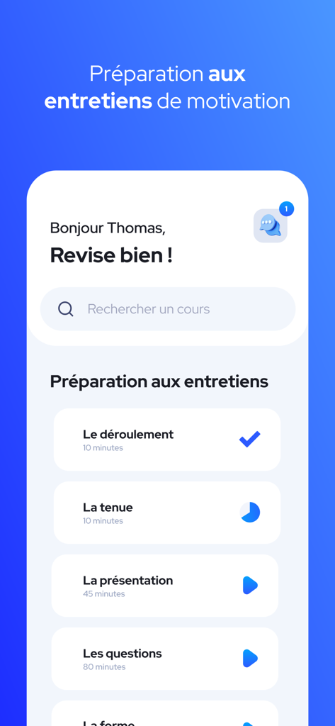 Interface of the Etudium app showing a list of modules for business school motivation interview preparation