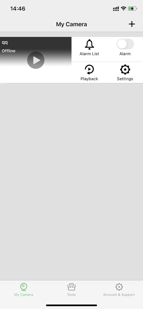 ULar mobile app interface showing the My Camera dashboard with an offline camera device and controls for alarm playback and settings