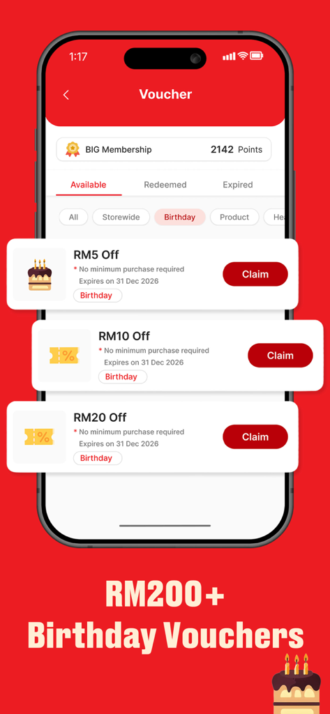 BIG Pharmacy - BIG Pharmacy app voucher screen showing birthday rewards and member points