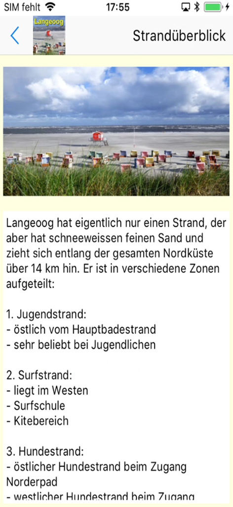 Langeoog App für den Urlaub - Screenshot of the Langeoog app beach overview showing a photo of the coastline and a list of beach zones like surf and dog areas.