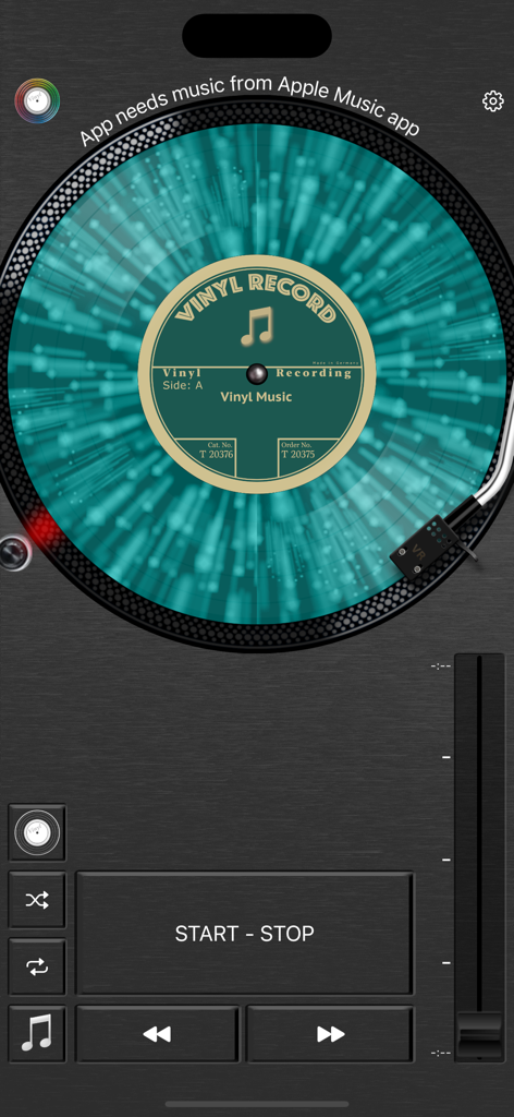 Vinyl Record - Digital turntable interface showing a spinning teal vinyl record with playback controls and a dark metallic finish.