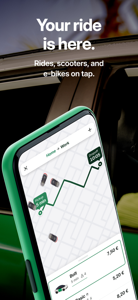 Smartphone screen displaying the Bolt app interface with a ride route on a map and pricing options