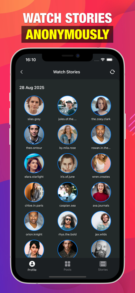 iPhone screen showing the watch stories anonymously feature with a list of user profiles