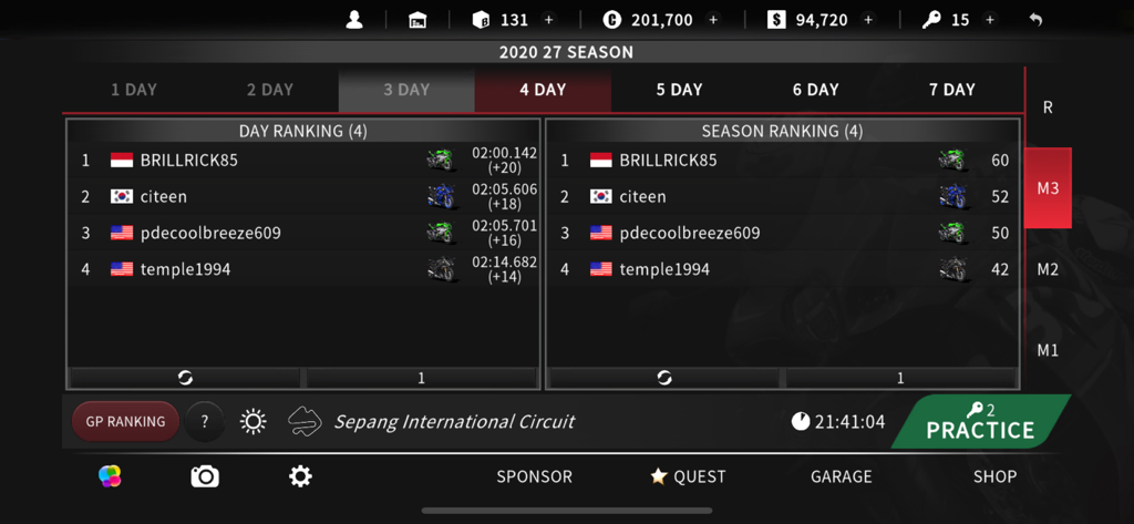 Real Moto 2 - Real Moto 2 game interface showing global player rankings for the day and season on the Sepang International Circuit