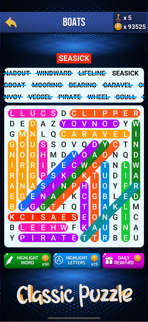 Wow Search: Classic Words Game - A colorful word search puzzle with a boats theme in the Wow Search mobile app