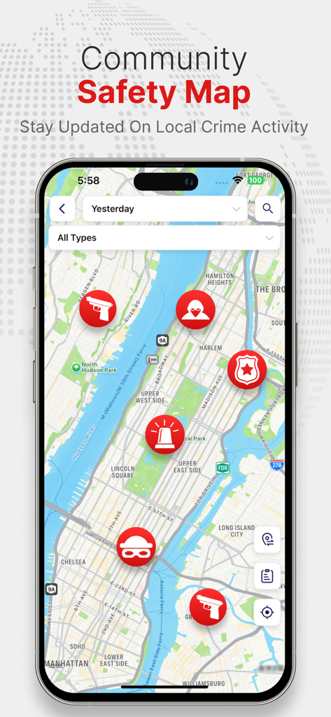 Local News -Breaking & Latest - A smartphone screen displaying an interactive community safety map with icons representing local crime and emergency alerts.