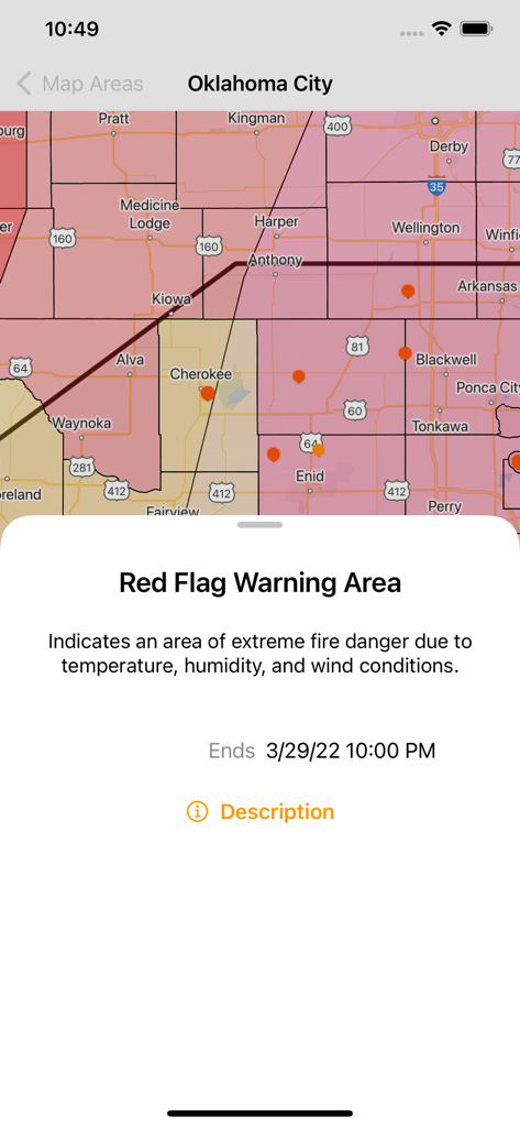 Fireguard Wildfire Tracker - Fireguard app displaying a wildfire tracking map with highlighted Red Flag Warning areas and fire danger alerts near Oklahoma City.