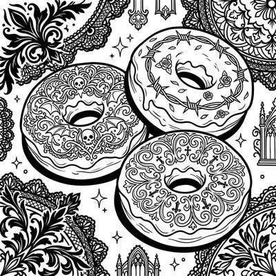 Indulge in a deliciously dark artistic experience with our Gothic Cake Doughnuts coloring page. This intricate design blends sweet treats with mysterious Victorian elegance, perfect for creative minds seeking a unique challenge.