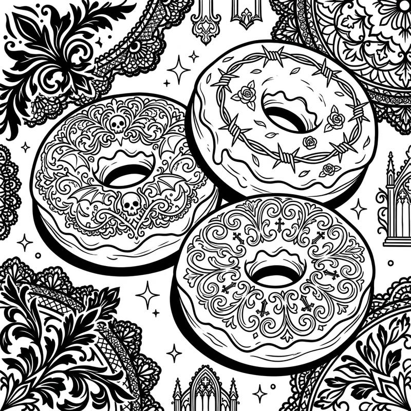 Indulge in a deliciously dark artistic experience with our Gothic Cake Doughnuts coloring page. This intricate design blends sweet treats with mysterious Victorian elegance, perfect for creative minds seeking a unique challenge.