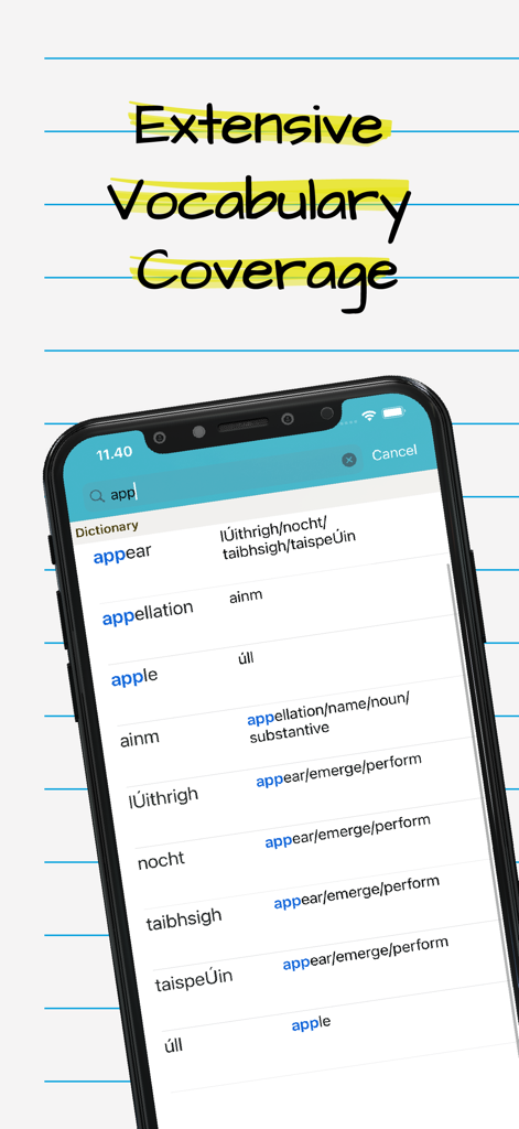 A screenshot of the Irish English Dictionary app showing a search results list for English and Irish translations.