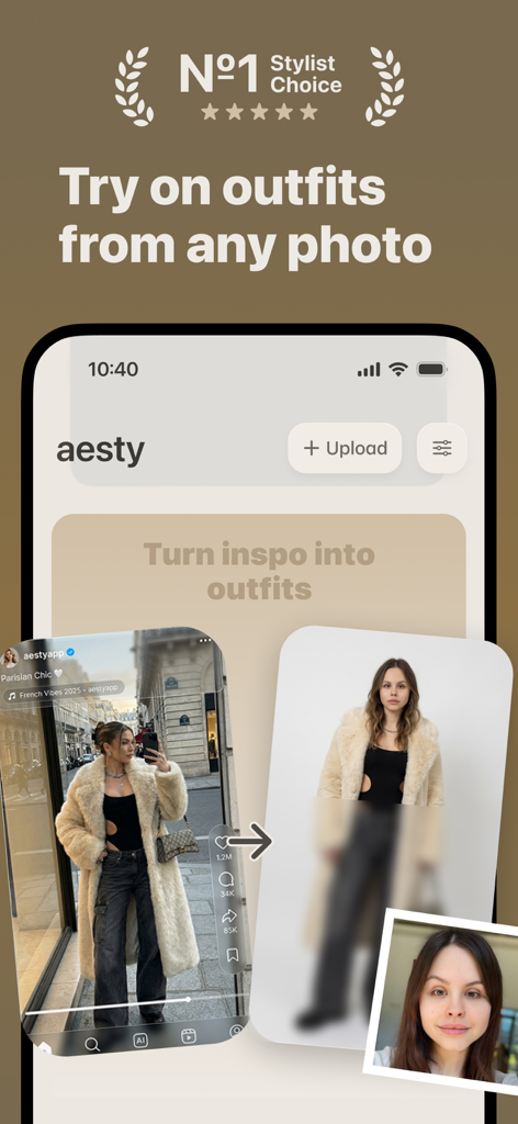 Aesty mobile app showing AI virtual try-on feature for fashion inspiration outfits.
