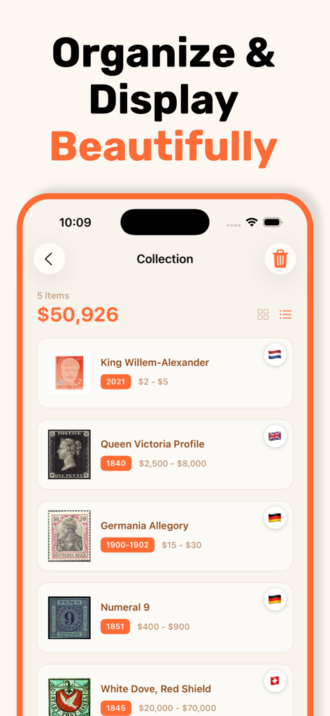 Stamp identifier - StampSnap - Digital stamp collection in StampSnap showing identified stamps with estimated values and origins