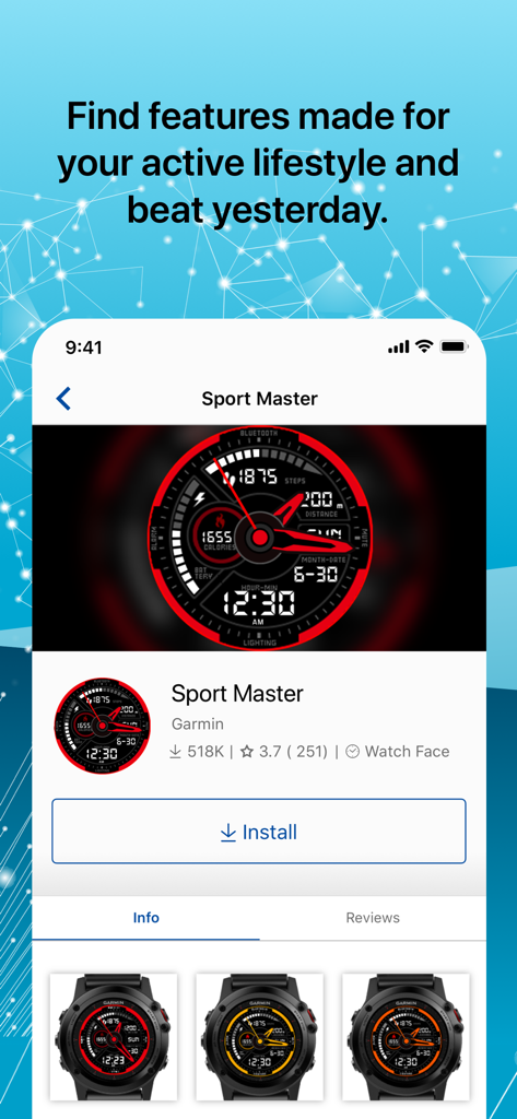 Application Connect IQ Store affichant le cadran de montre Sport Master pour les montres connectées Garmin